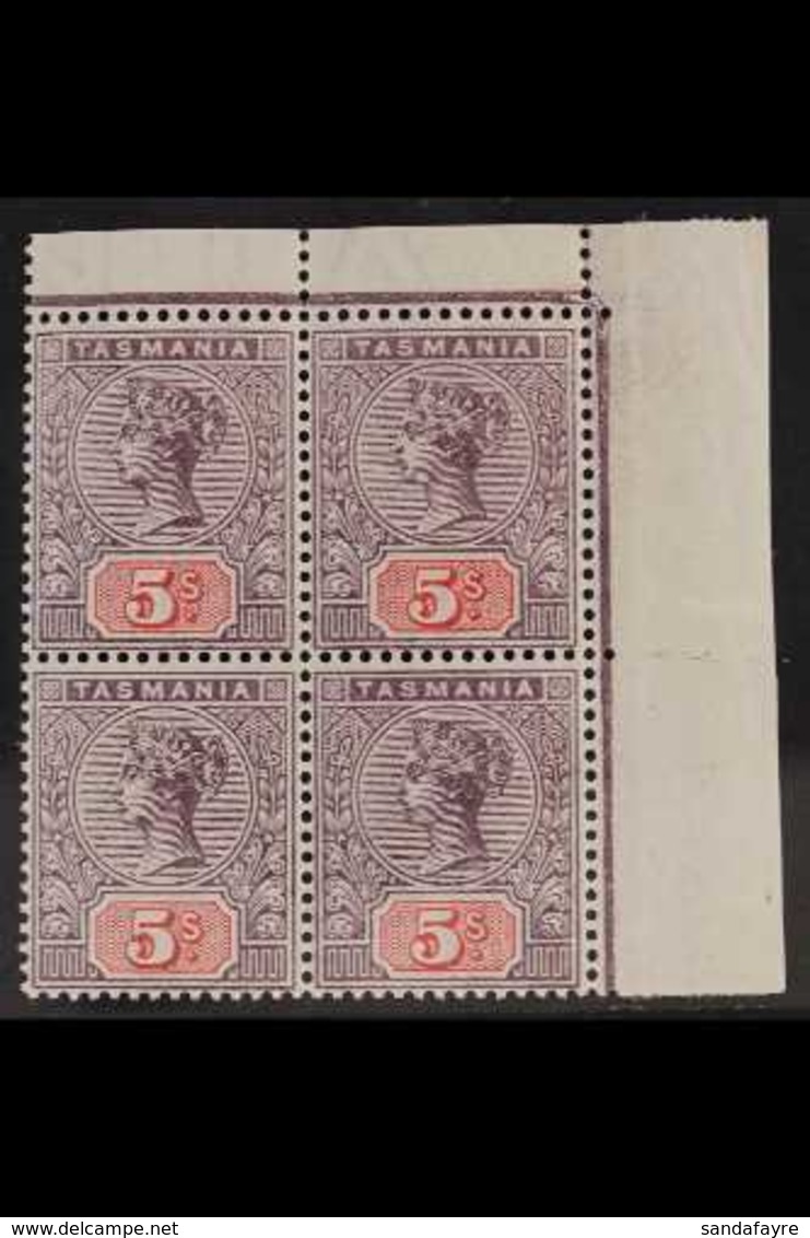 TASMANIA 1892-99 5s Lilac & Red, SG 223, Never Hinged Mint Upper Right Corner BLOCK Of 4, Very Fresh & Attractive. (4 St - Other & Unclassified