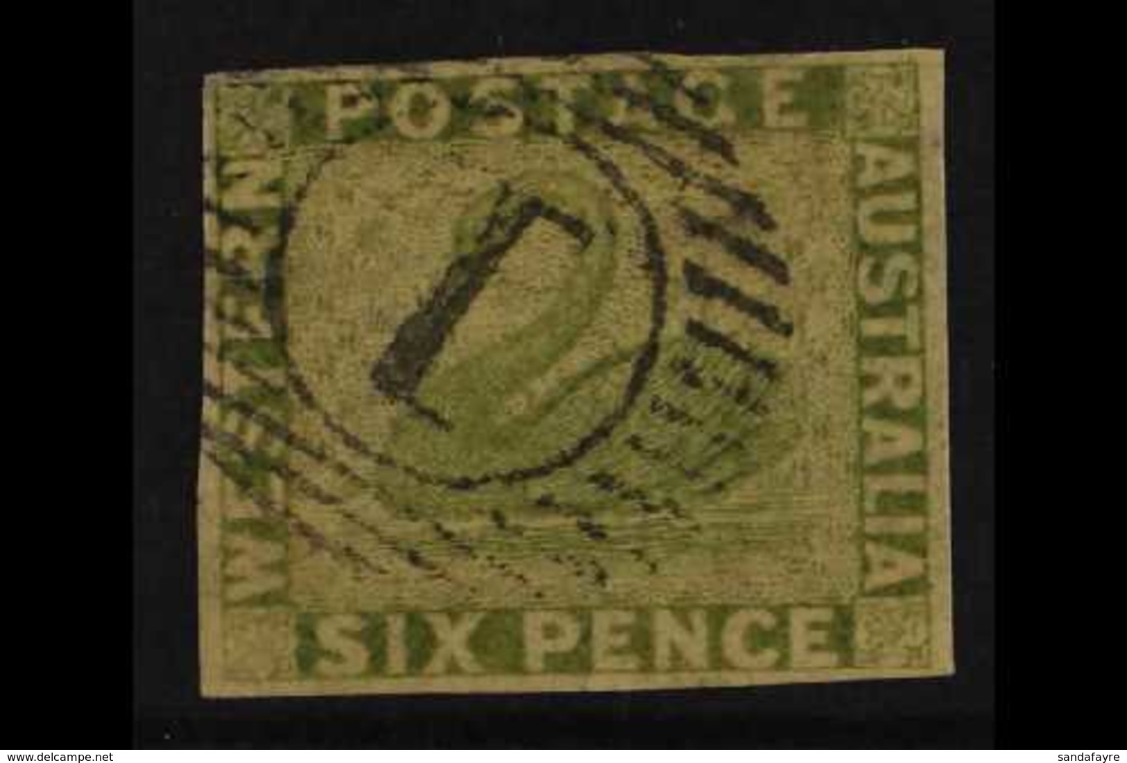 WESTERN AUSTRALIA 1860-64 6d Sage Green Imperf, SG 28, Four Clear Margins, Very Fine Used For More Images, Please Visit  - Other & Unclassified