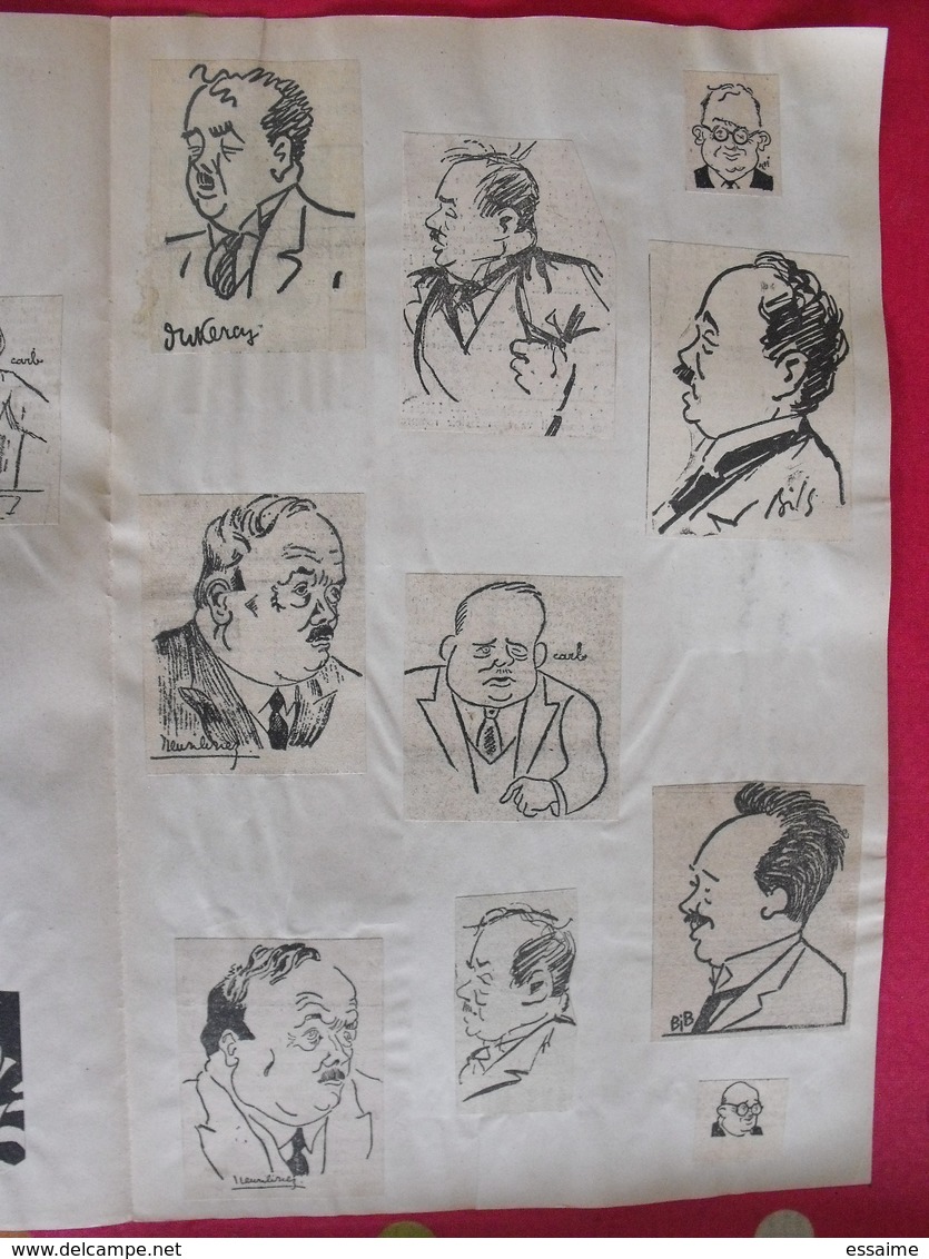 collection de caricatures de journaux du XXème découpées et collées / feuilles. sport spectacle politique personnalité