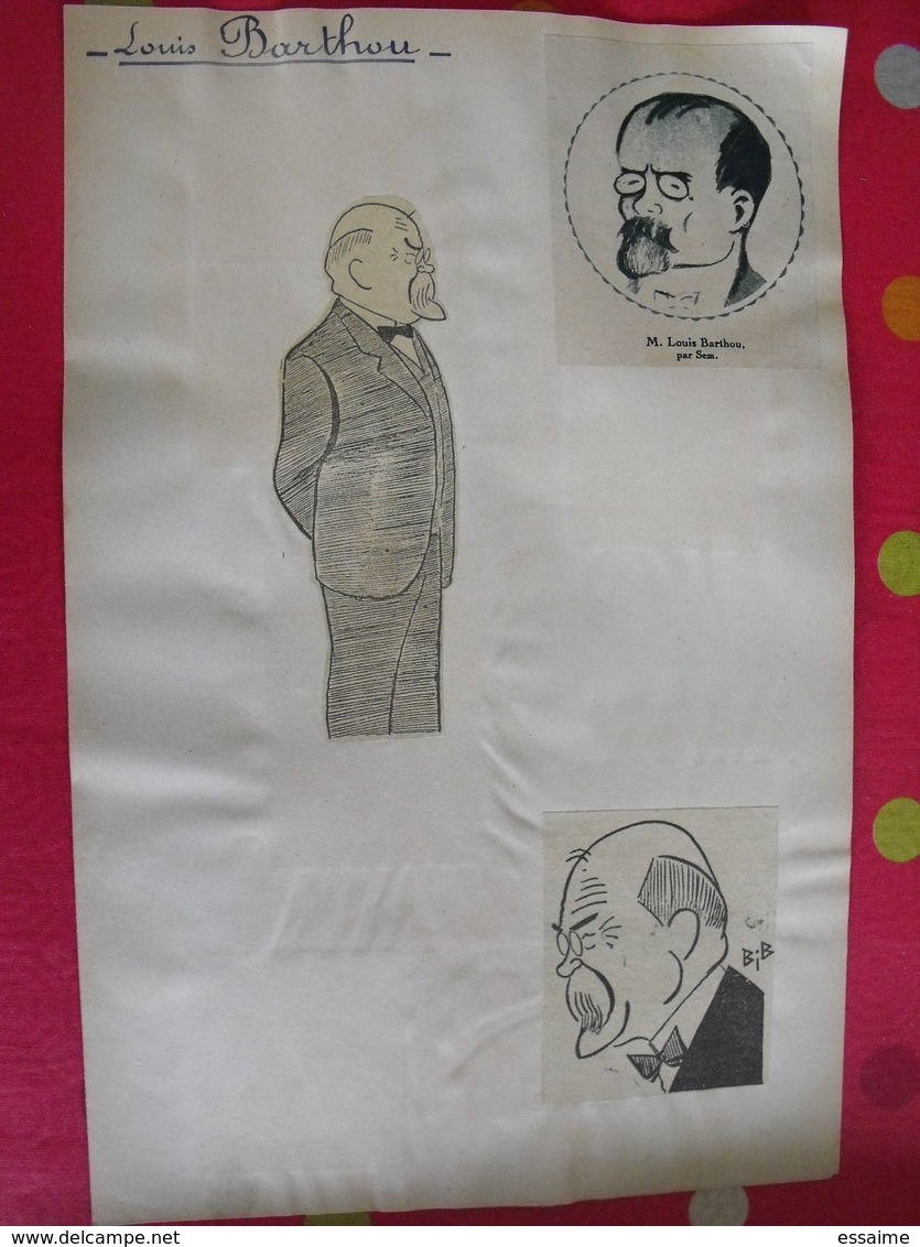 collection de caricatures de journaux du XXème découpées et collées / feuilles. sport spectacle politique personnalité