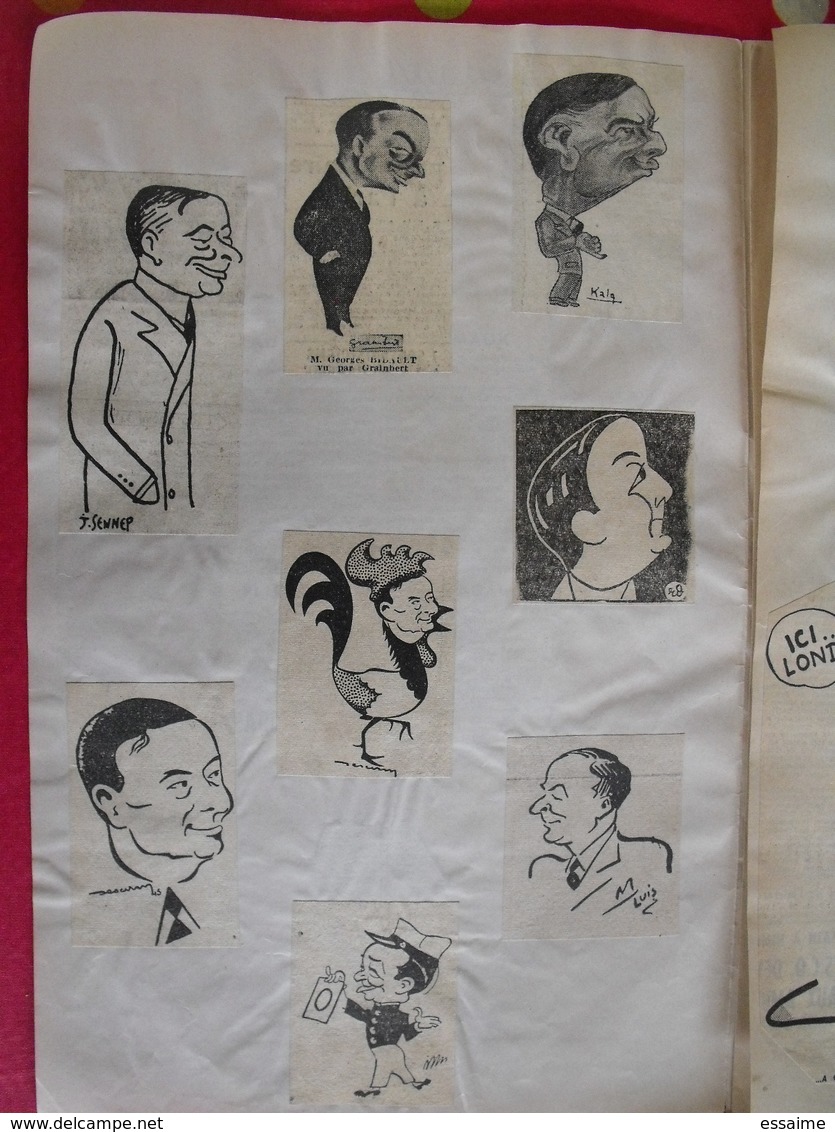 collection de caricatures de journaux du XXème découpées et collées / feuilles. sport spectacle politique personnalité