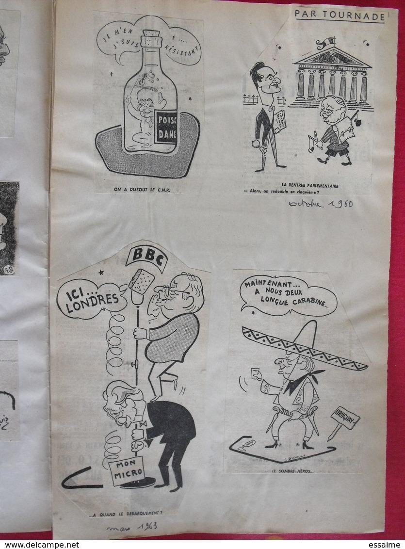 collection de caricatures de journaux du XXème découpées et collées / feuilles. sport spectacle politique personnalité