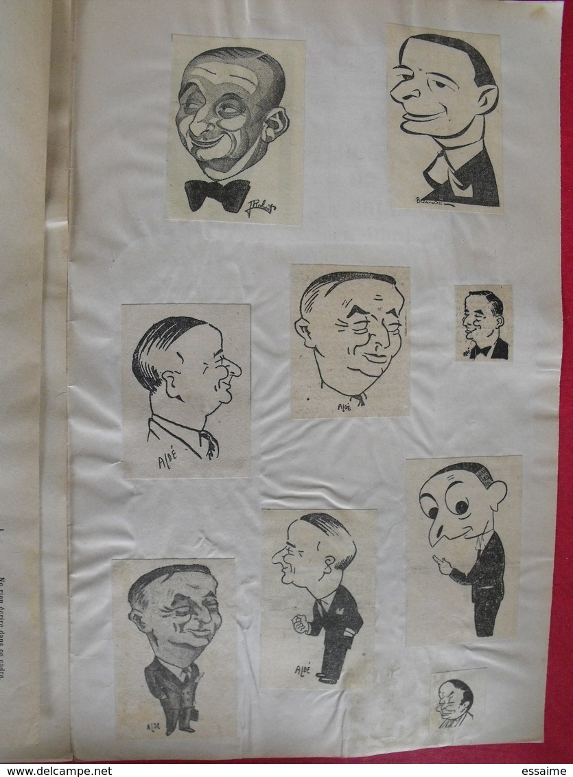 collection de caricatures de journaux du XXème découpées et collées / feuilles. sport spectacle politique personnalité