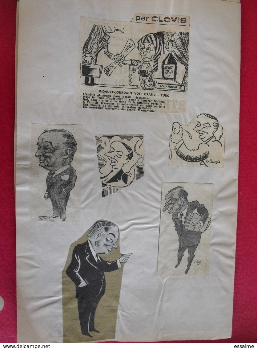 collection de caricatures de journaux du XXème découpées et collées / feuilles. sport spectacle politique personnalité