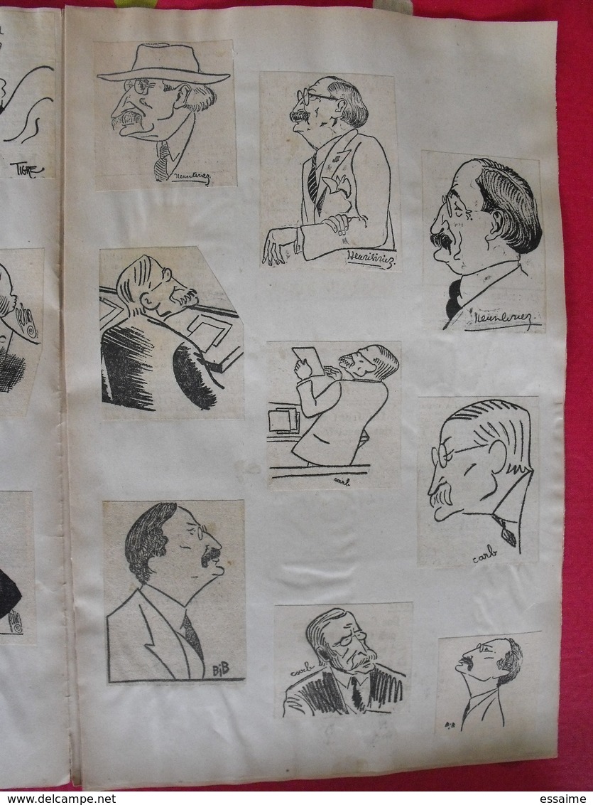 collection de caricatures de journaux du XXème découpées et collées / feuilles. sport spectacle politique personnalité