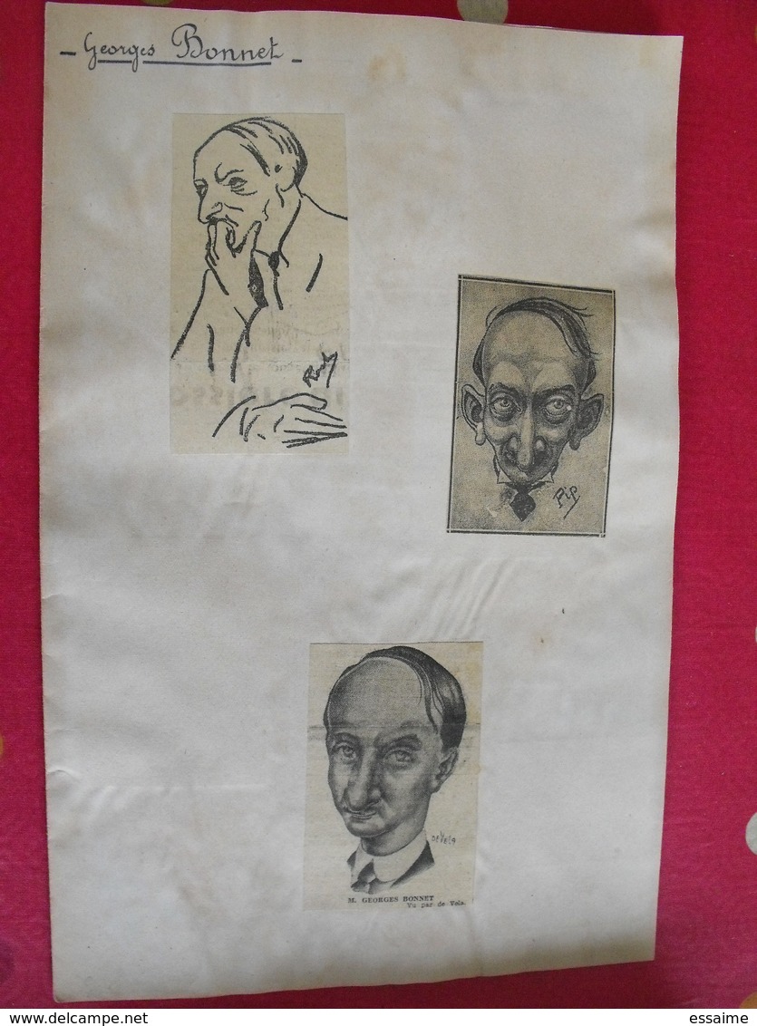 collection de caricatures de journaux du XXème découpées et collées / feuilles. sport spectacle politique personnalité