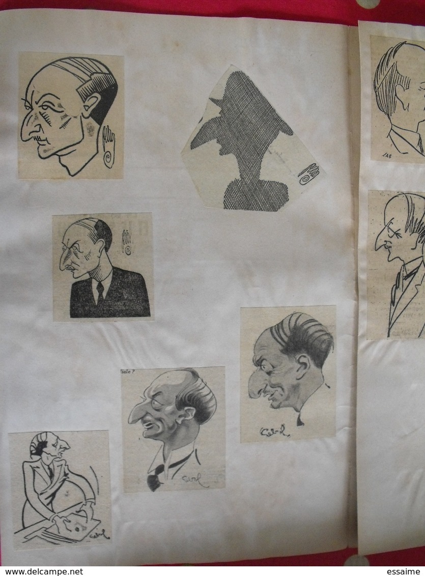 collection de caricatures de journaux du XXème découpées et collées / feuilles. sport spectacle politique personnalité