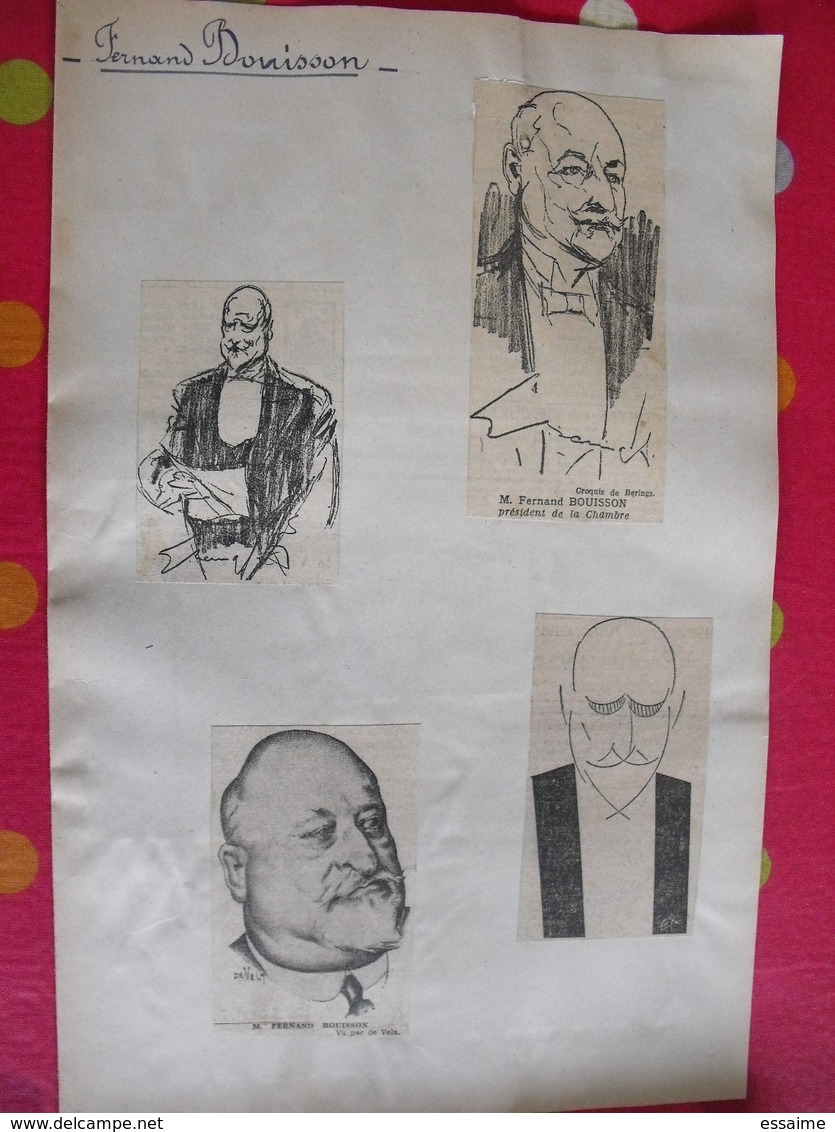 collection de caricatures de journaux du XXème découpées et collées / feuilles. sport spectacle politique personnalité