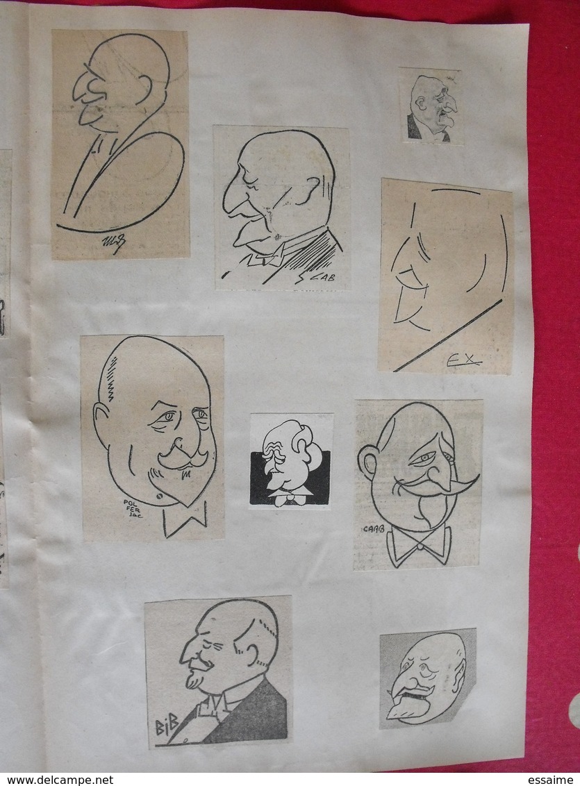 collection de caricatures de journaux du XXème découpées et collées / feuilles. sport spectacle politique personnalité