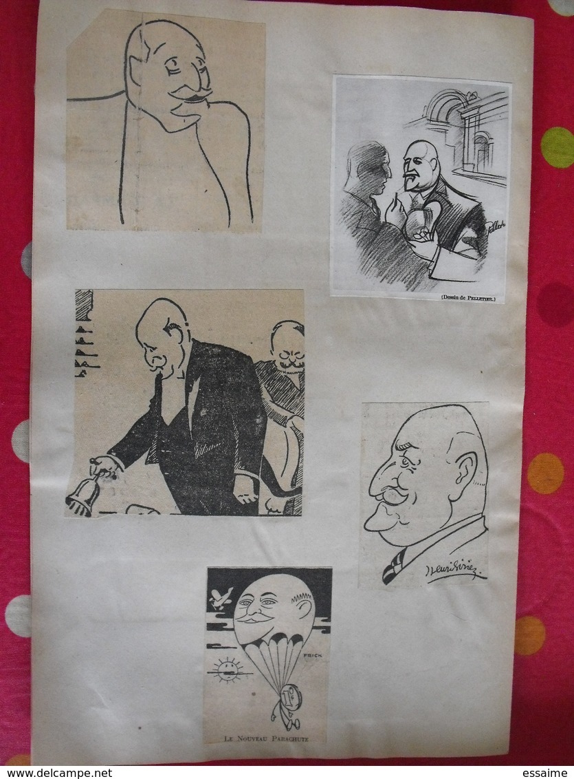 collection de caricatures de journaux du XXème découpées et collées / feuilles. sport spectacle politique personnalité