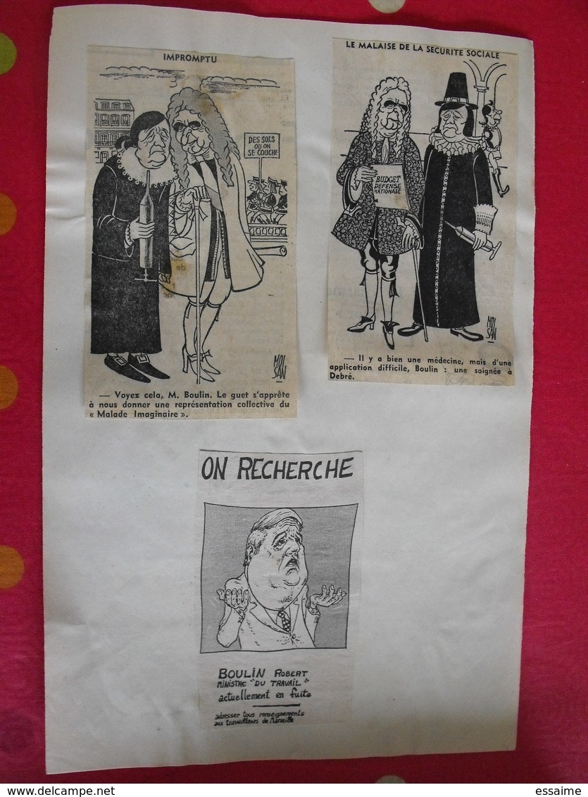 collection de caricatures de journaux du XXème découpées et collées / feuilles. sport spectacle politique personnalité