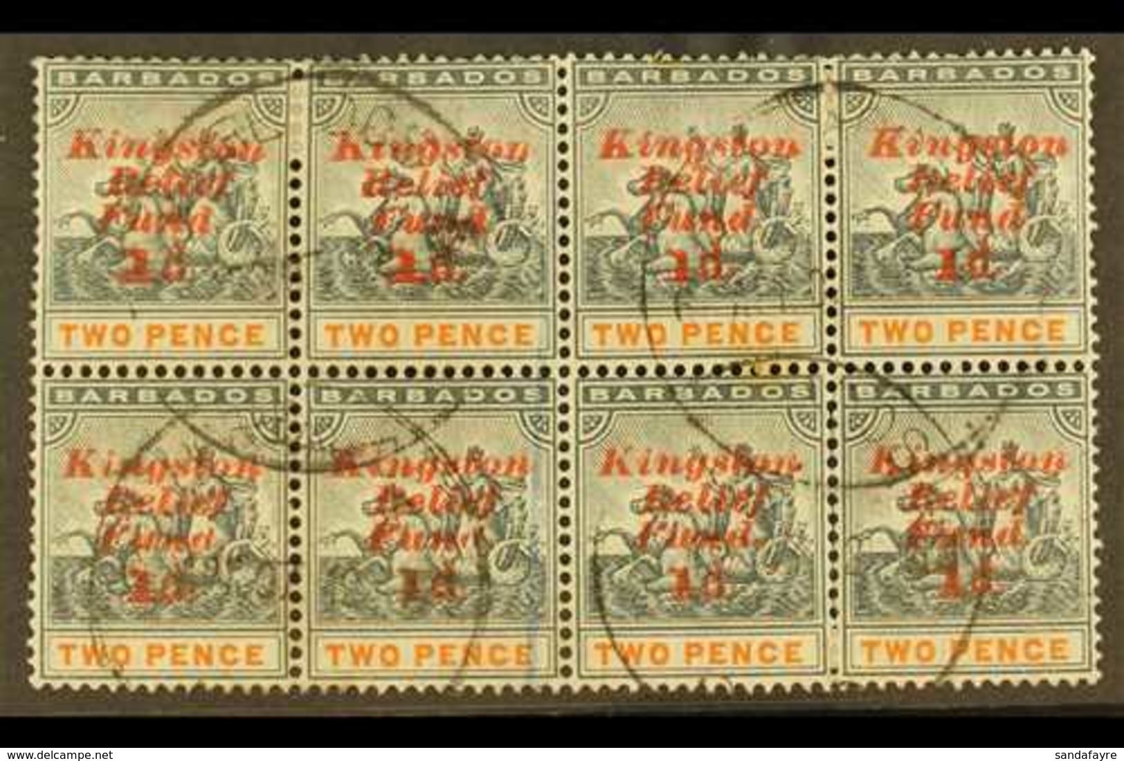 1907 KINGSTON RELIEF FUND 1d On 2d Upright Surcharge, SG 153, Fine Used Block Of Eight (4 X 2) For More Images, Please V - Barbados (...-1966)