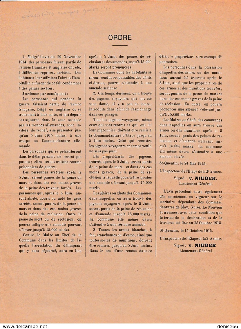 WW1 1915 SAINT-QUENTIN -Consignes Allemandes Pour Les Territoires Occupés - Sévèrement Punis - Pigeons Voyageurs - Documents Historiques