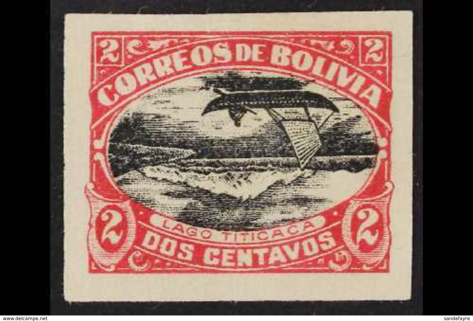 1916-17 Lake Titicaca 2c Carmine And Black, Imperf, With CENTRE INVERTED, Scott 113d, Fine Unused (no Gum). For More Ima - Bolivia