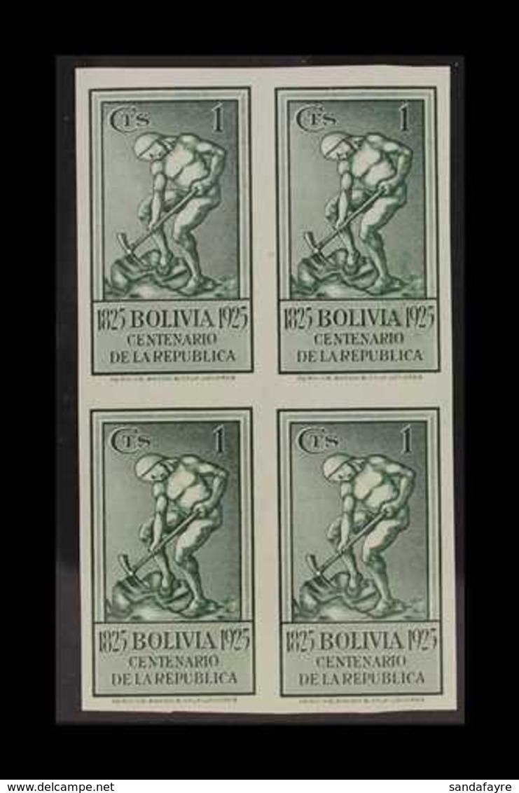 1925 UNISSUED 1c Dark Green "Miner", Centenary Of The Republic, IMPERFORATE BLOCK OF 4, Scott 150, Never Hinged Mint. Fo - Bolivia