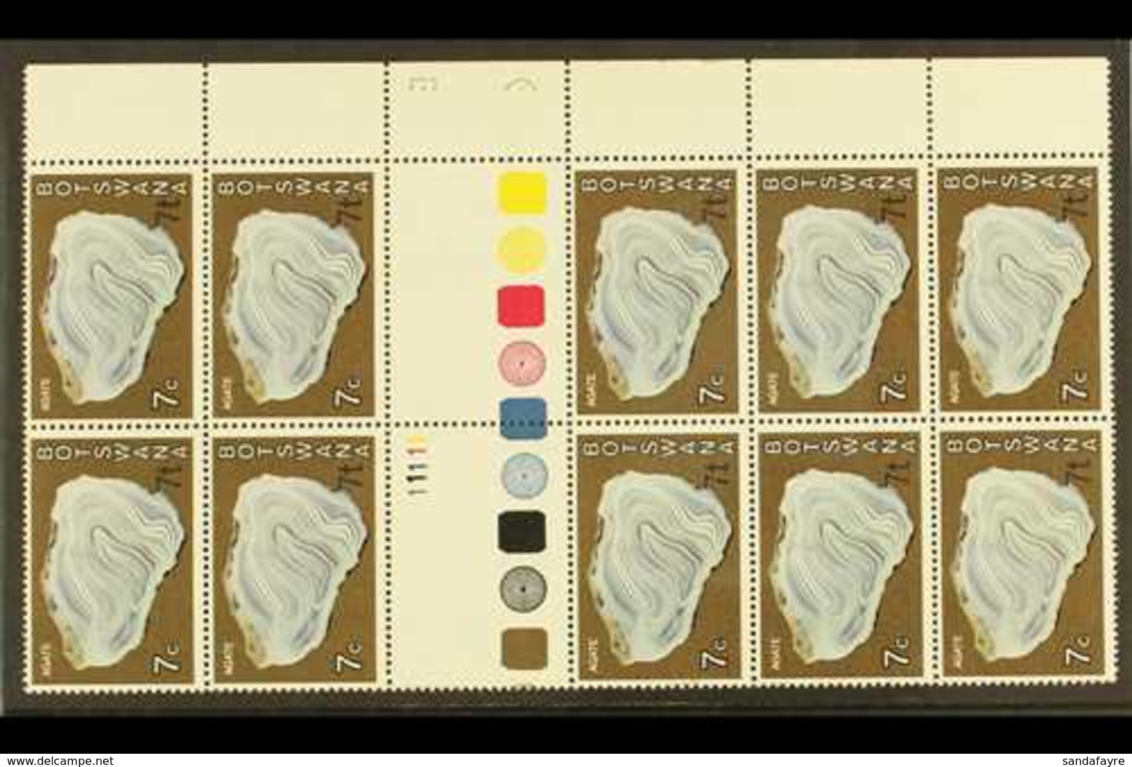 1976-7 7t On 7c Agate, Surcharge At Bottom Right, SG 372a, Never Hinged Mint, Right Marginal GUTTER BLOCK OF 10 With "11 - Botswana (1966-...)