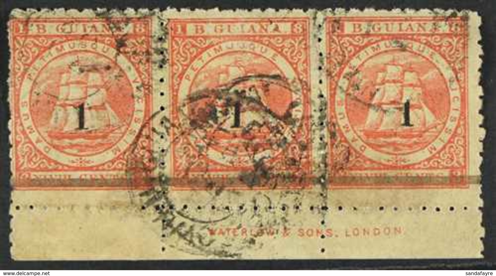 1881 1 On 48c Red (SG 152) WATERLOW IMPRINT Strip Of 3 Used With Georgetown Cds's. A Rare Used Multiple. For More Images - British Guiana (...-1966)