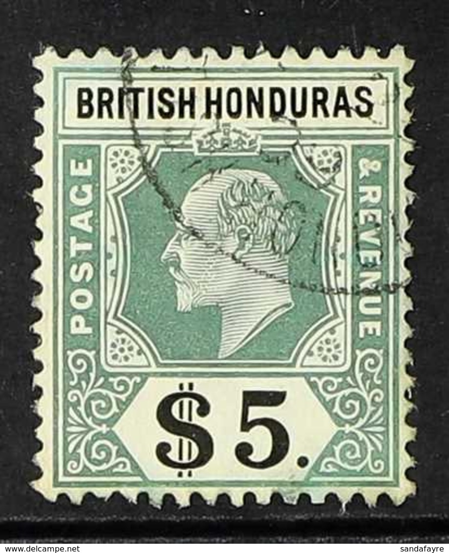 1904 $5 Grey Green And Black, Wmk MCA, Ed VII, SG 93, Used. Some Light Toning On Rear And Colour Bleed On Perfs Otherwis - British Honduras (...-1970)
