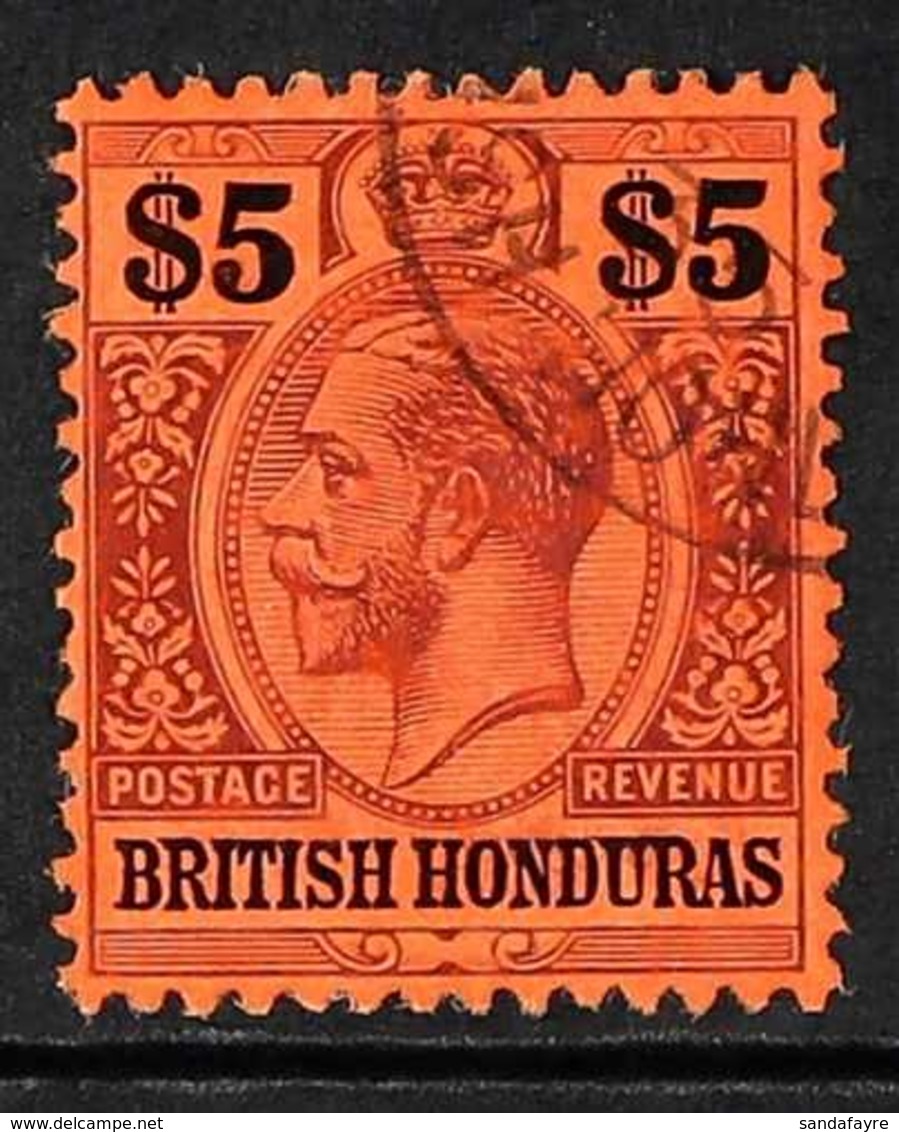 1913 - 21 $5 Purple And Black On Red, Wmk MCA, Geo V, SG 110, Very Fine Used. For More Images, Please Visit Http://www.s - British Honduras (...-1970)