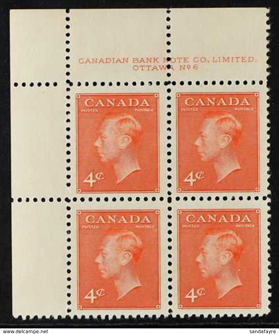 1949 CORNER PLATE BLOCK 4c Vermilion, SG 417b, Uni 306, Scarce Plate No 6, Upper Left - Imprint Corner Block Of 4, Never - Other & Unclassified