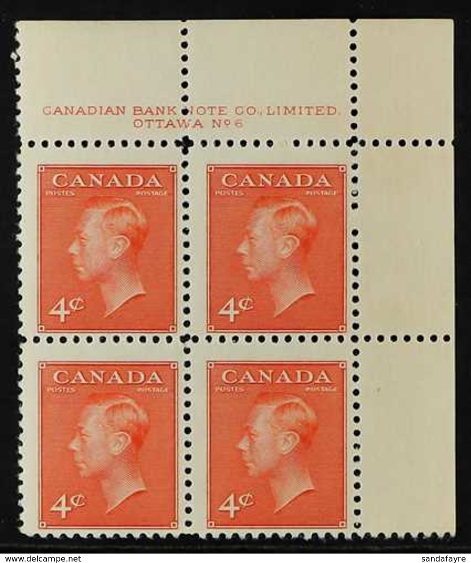 1949 CORNER PLATE BLOCK 4c Vermilion, SG 417b, Uni 306, Scarce Plate No 6, Upper Right - Imprint Corner Block Of 4, Neve - Other & Unclassified