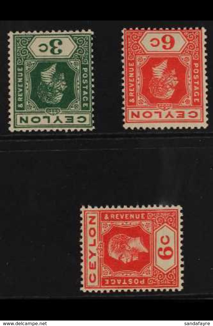 1912-25 WATERMARK VARIETIES. 3c Blue-green And 6c Pale Scarlet Watermarks Inverted And 6c Pale Scarlet Watermark Sideway - Ceylon (...-1947)