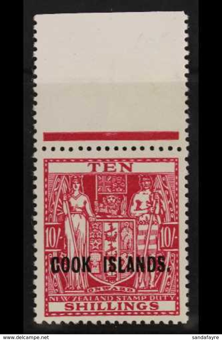 1936 10s Carmine Lake Arms On Cowan Paper, SG 120, Fine Never Hinged Mint, With Sheet Margin At Top. For More Images, Pl - Cook Islands