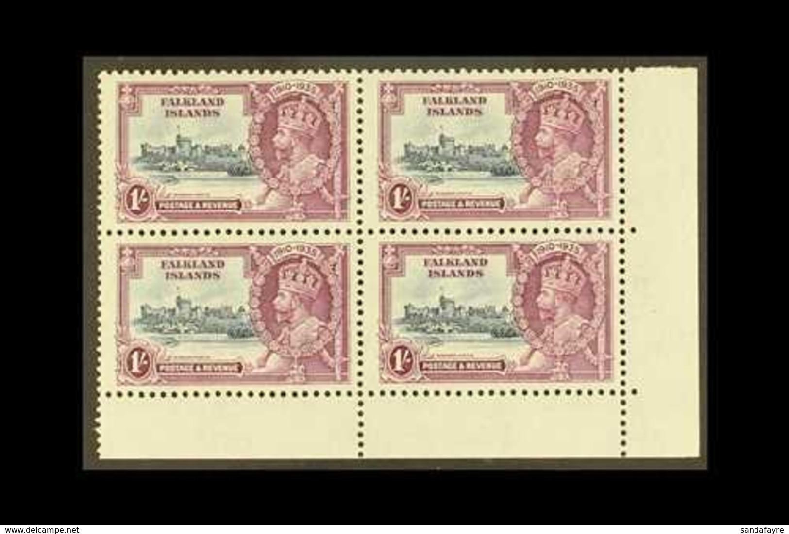 1935 1s Slate & Purple Jubilee, SG 142, Never Hinged Mint Lower Right Corner BLOCK Of 4, Very Fresh. (4 Stamps) For More - Falkland Islands