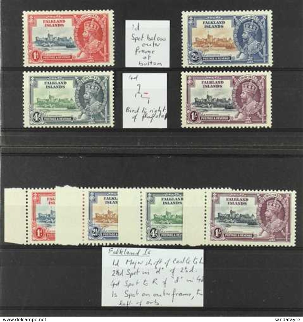 1935 Silver Jubilee, SG 139/142, Two Complete Sets Showing Various Identified Unlisted MINOR VARIETIES, Fine Mint. (8 St - Falkland Islands