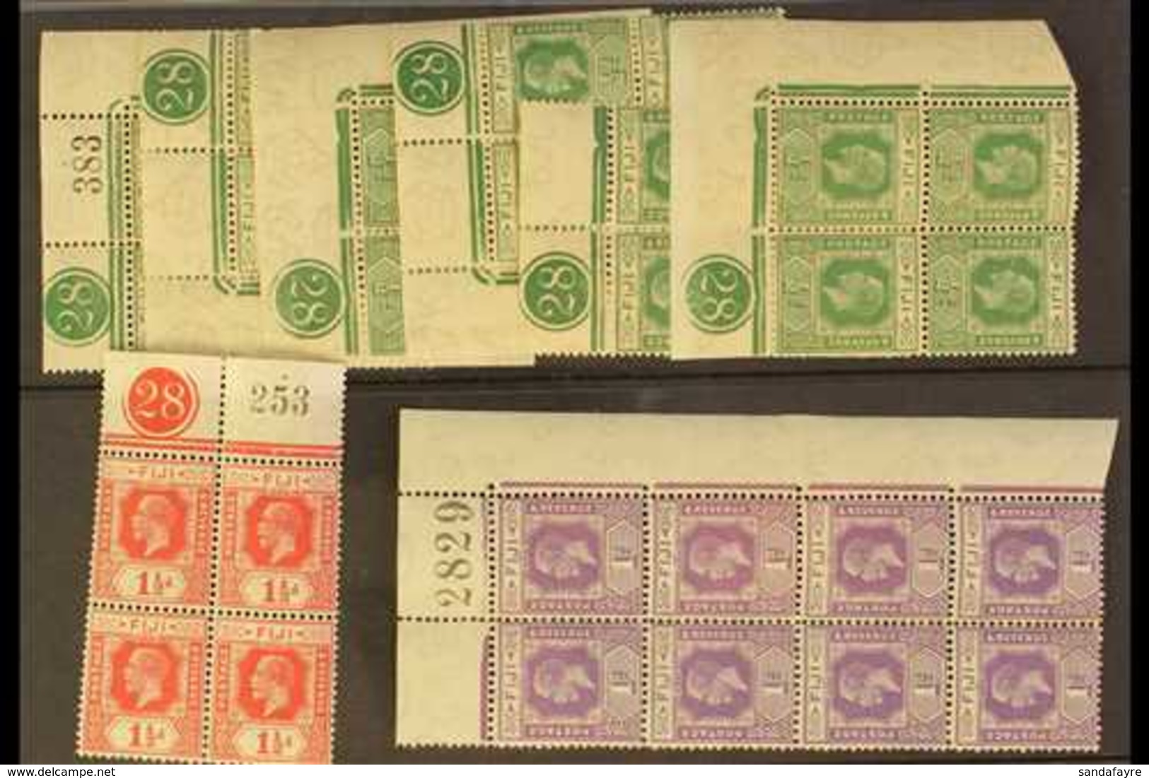 1922-27 Wmk Script CA Group Of Mint Blocks With Sheet Selvage, Plate Numbers & Sheet Numbers (8 Items = 36 Stamps) For M - Fiji (...-1970)