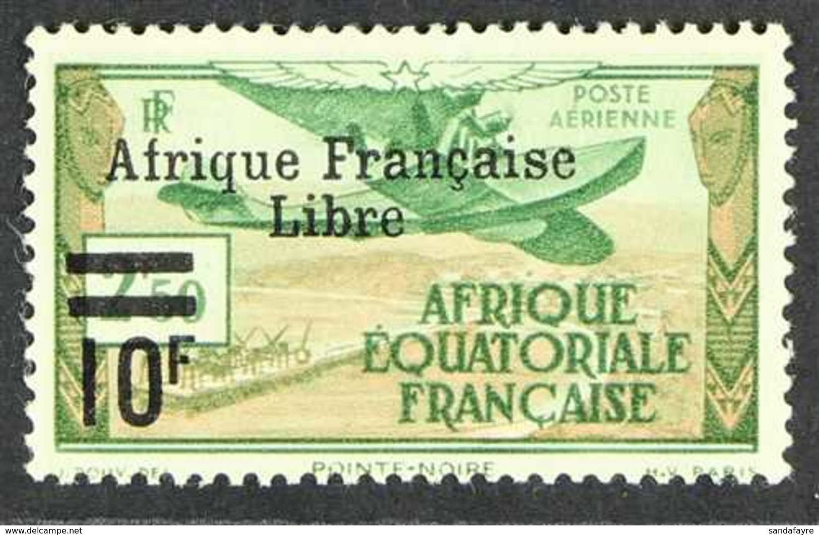 FRENCH EQUATORIAL AFRICA 1940-41 AIR "Afrique Francaise Libre" Overprinted 10f On 2f50 Green And Flesh (Yvert 20, SG 161 - Other & Unclassified