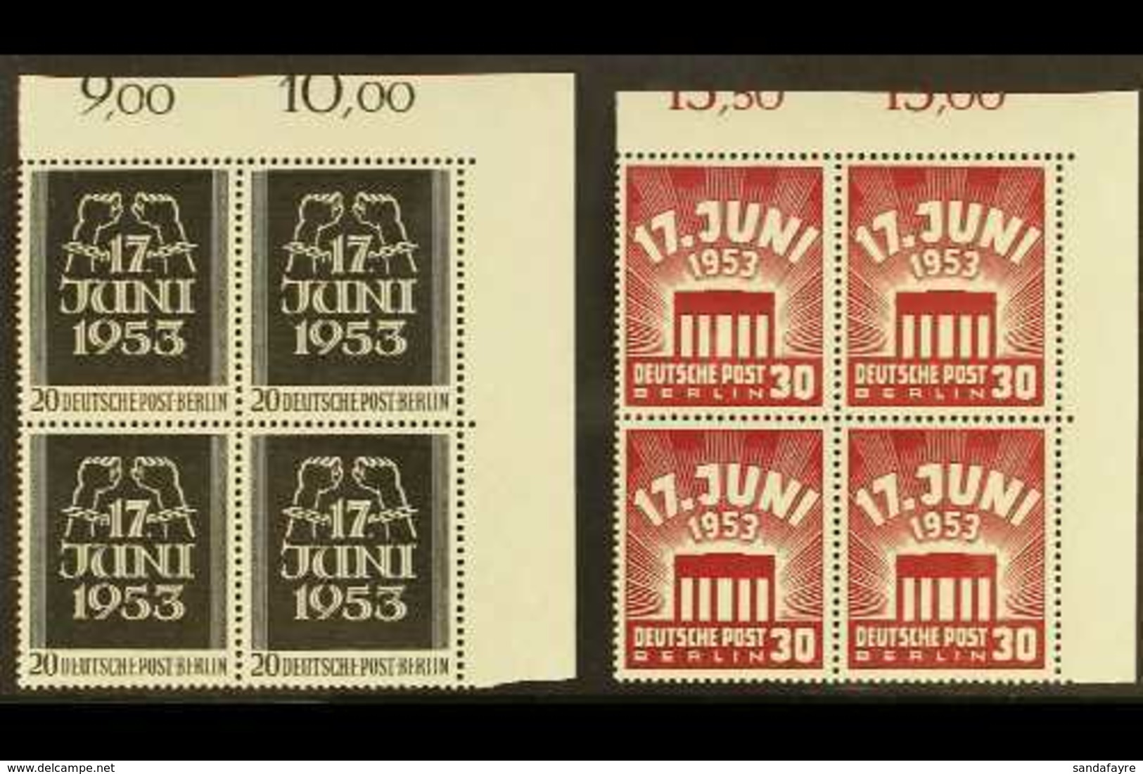 1953 East German Uprising Complete Set (Michel 110/11, SG B110/11), Never Hinged Mint Matching Upper Right Corner BLOCKS - Other & Unclassified
