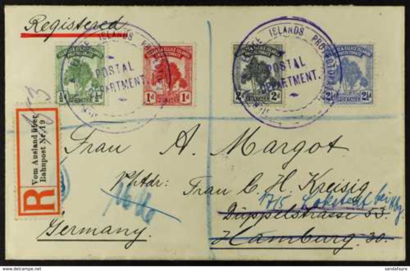 1911 RARE COVER A Most Attractive Registered Re-directed Cover Addressed To Germany Bearing The Complete Pandanus Pine S - Gilbert & Ellice Islands (...-1979)