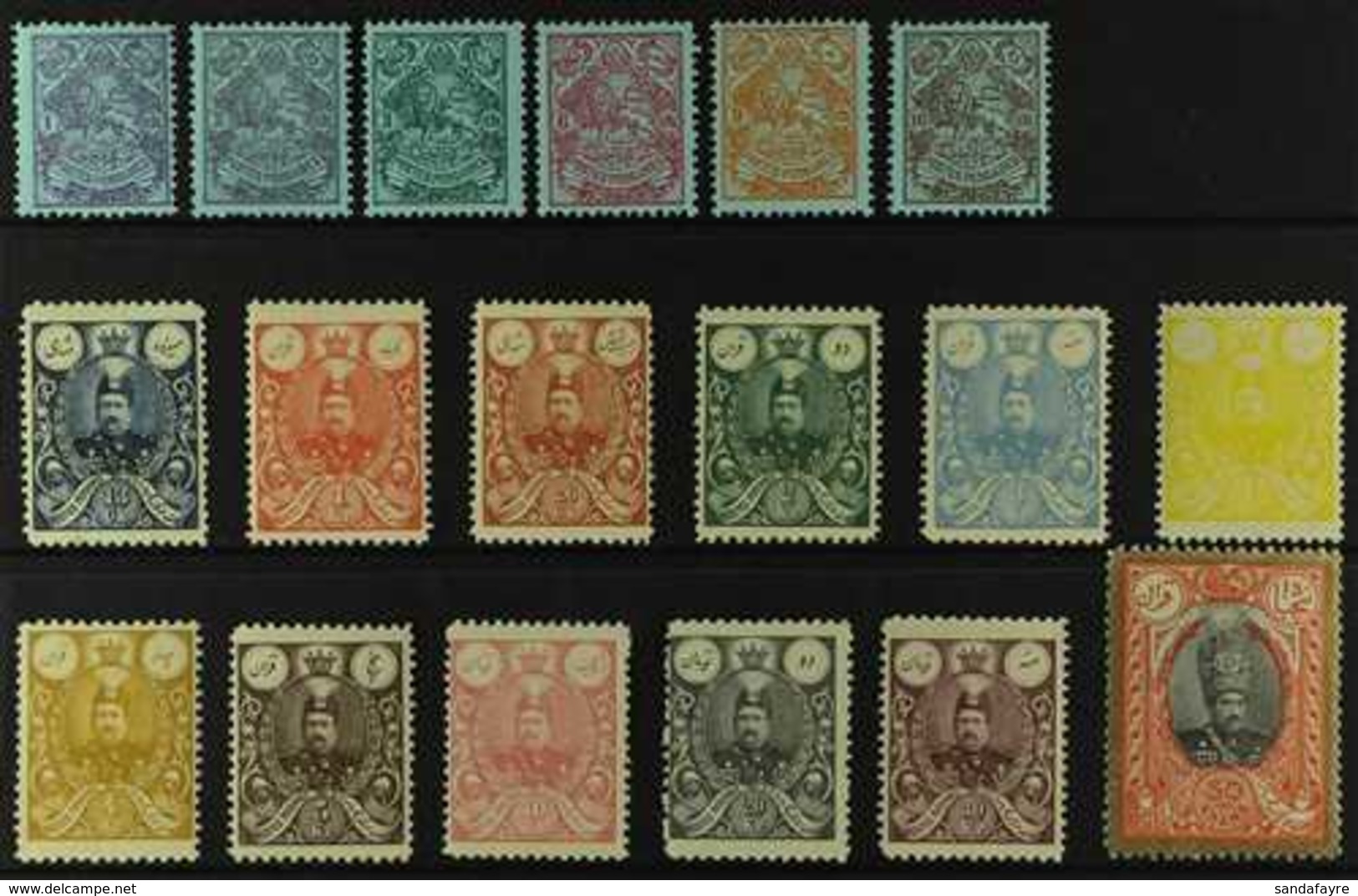 1907-1909 Mohammed-Ali Shah Qajar Definitive Complete Set, Scott 428/445, SG 298/303 & 305/316, Never Hinged Mint (18 St - Iran