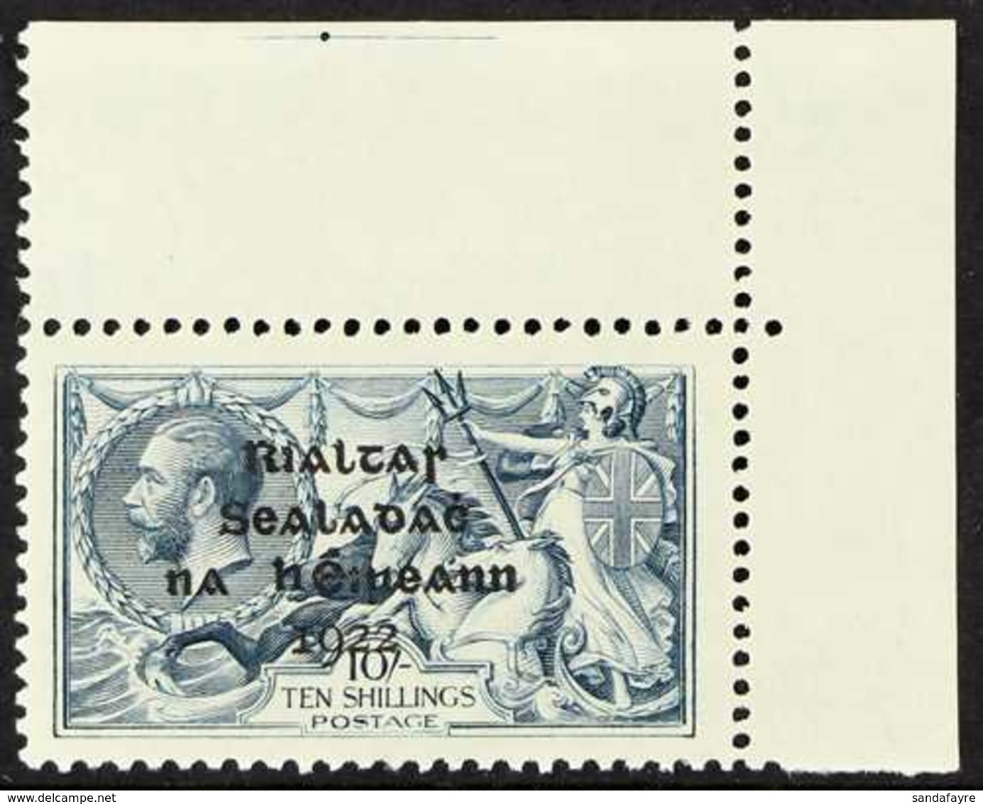 1922 10s Dull Grey Blue Seahorse, Dollard Ovpt, Corner Marginal Example, SG 21, Hinged In Margin, Stamp Superb Never Hin - Other & Unclassified