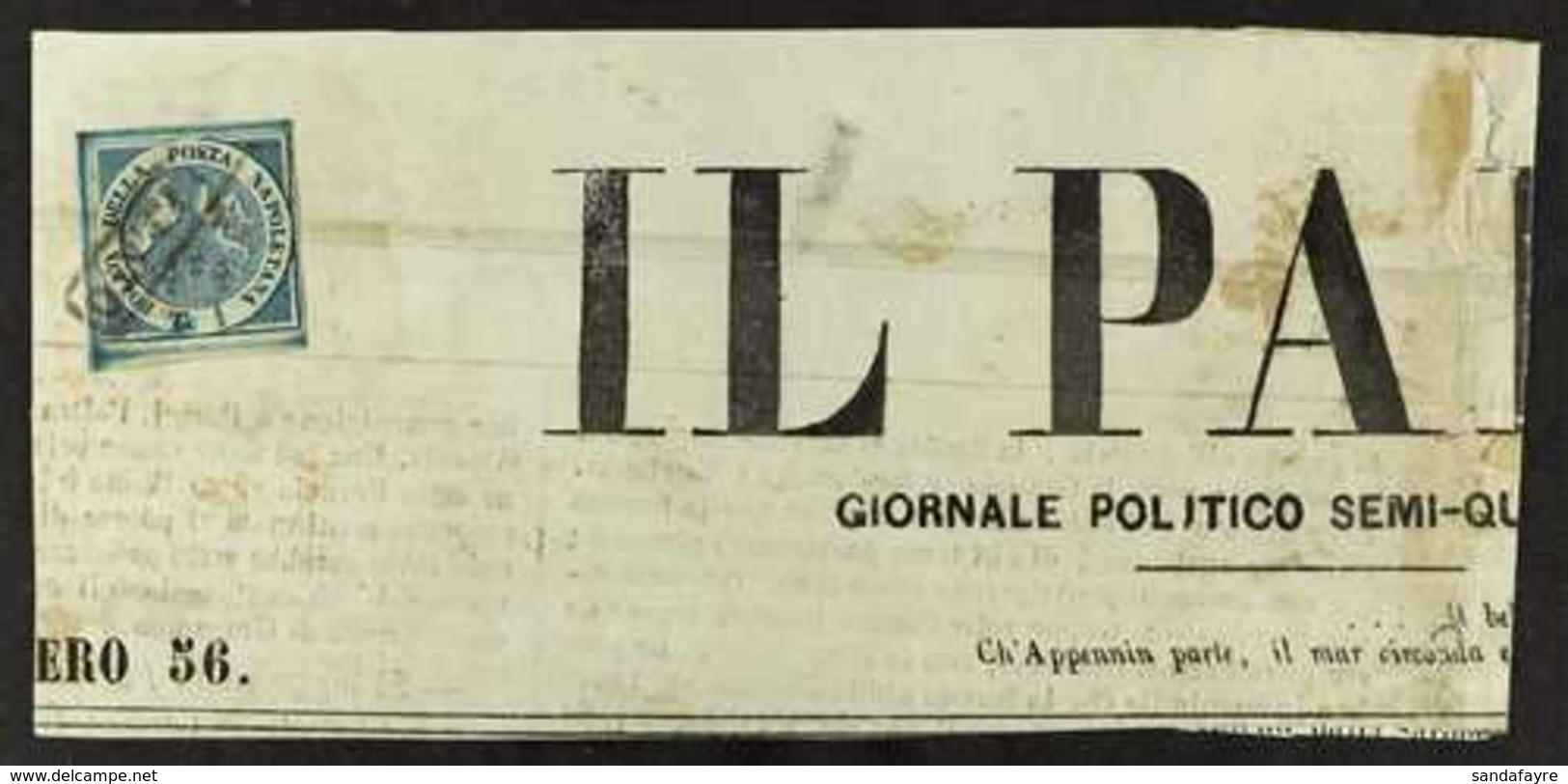 NAPLES 1860 ½t Deep Blue "Trinacria", Sass 15, Tied To 17th Nov 1860 Headline Band From "Il Paese" Newspaper. Clear To L - Unclassified