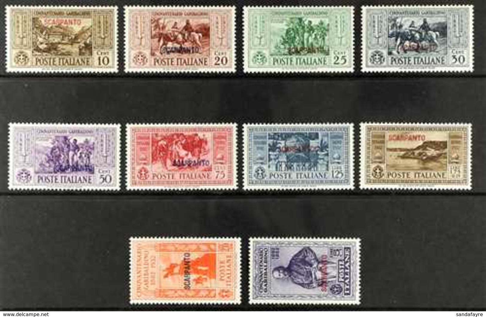 DODECANESE ISLANDS SCARPANTO 1932 Garibaldi Complete Overprinted Set, Sassone S. 78 Or SG 89K/98K, Very Fine Mint. (10 S - Other & Unclassified