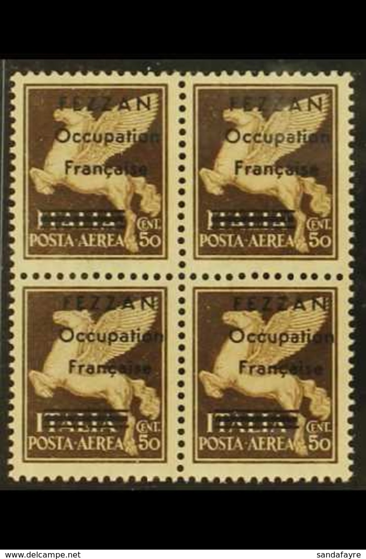 FRENCH OCCUPATION - FEZZAN AIRMAIL 1943 50c Brown With "FEZZAN Occupation Francaise" Overprint, BLOCK OF FOUR, Sassone 1 - Other & Unclassified