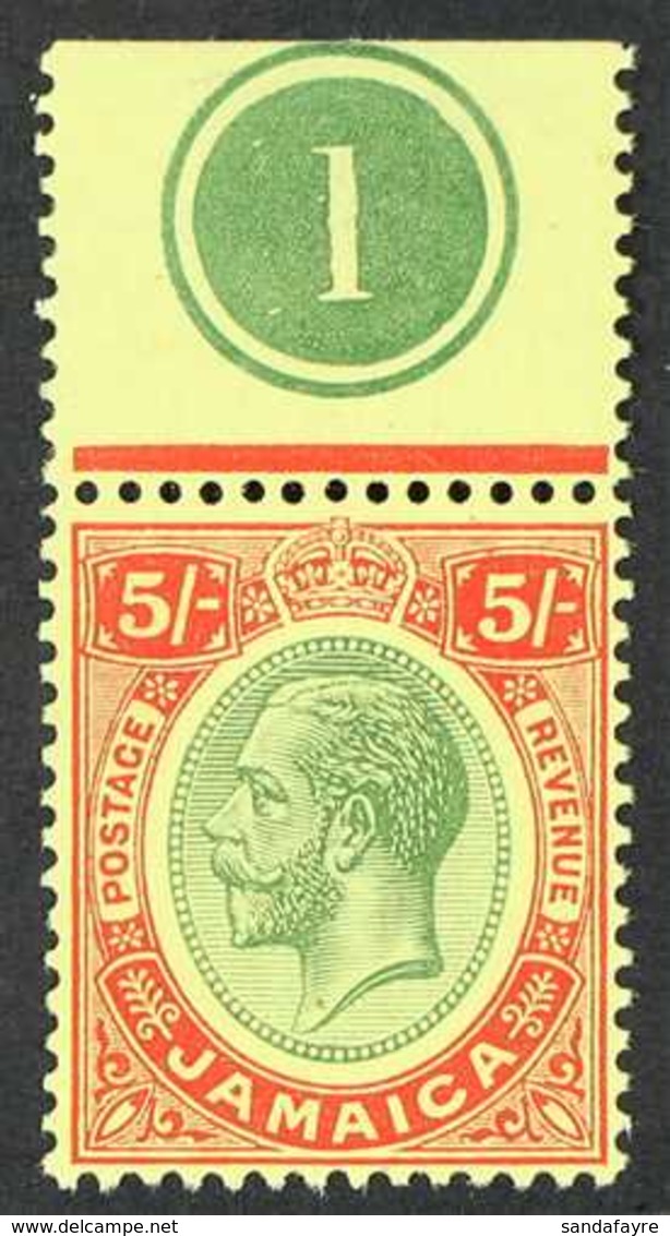 1912-20 5s Green And Red / Yellow (SG 67) With Plate Number Margin At Top, Never Hinged Mint (hinged On Margin) For More - Jamaica (...-1961)