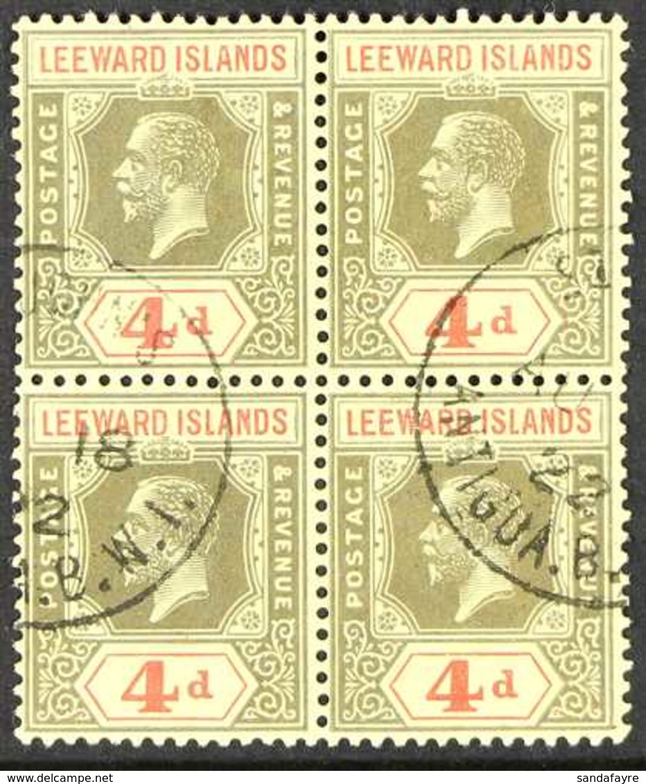 1912-22 4d Black And Red On Pale Yellow, SG 52, Block Of Four With Neat Part August 1922 St John's Cds's, From The Year  - Leeward  Islands
