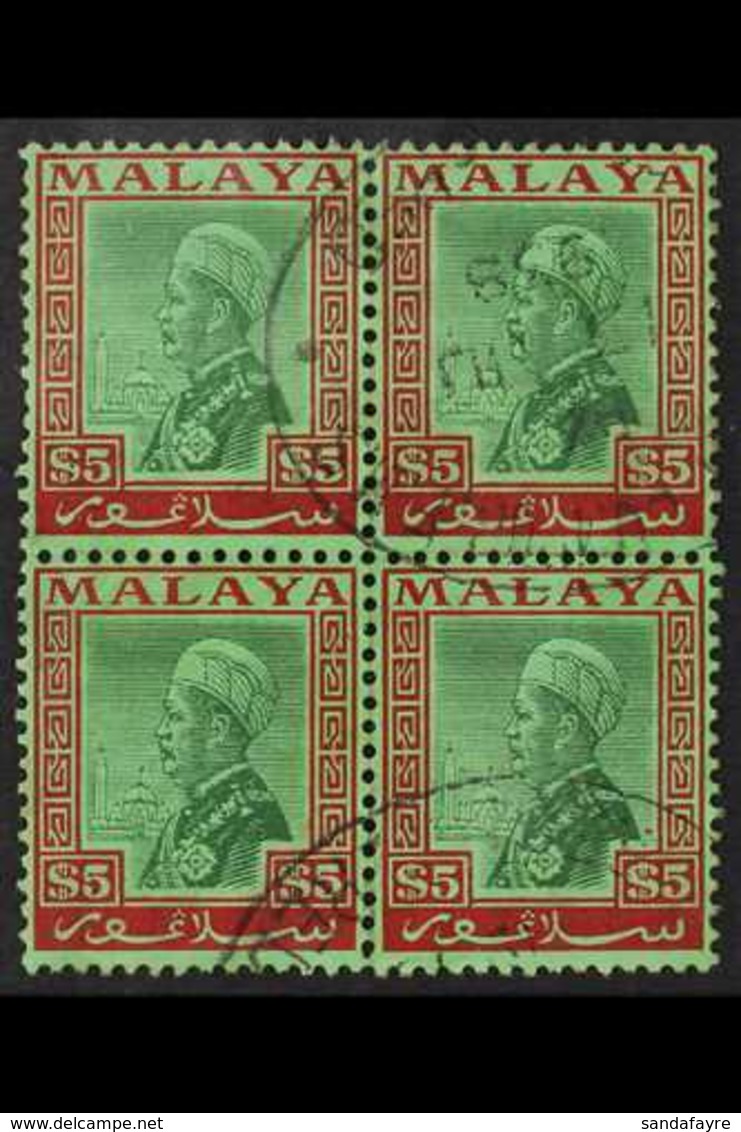 SELANGOR 1935 - 41 $5 Green And Red On Emerald, Sultan, SG 85very Fine Used Block Of 4., For More Images, Please Visit H - Other & Unclassified