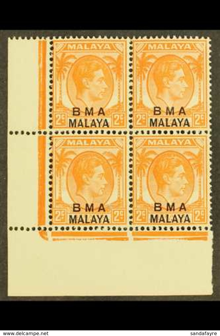 1945-48 2c Orange Die I, SG 3, Superb Never Hinged Mint CORNER BLOCK OF FOUR. For More Images, Please Visit Http://www.s - Malaya (British Military Administration)