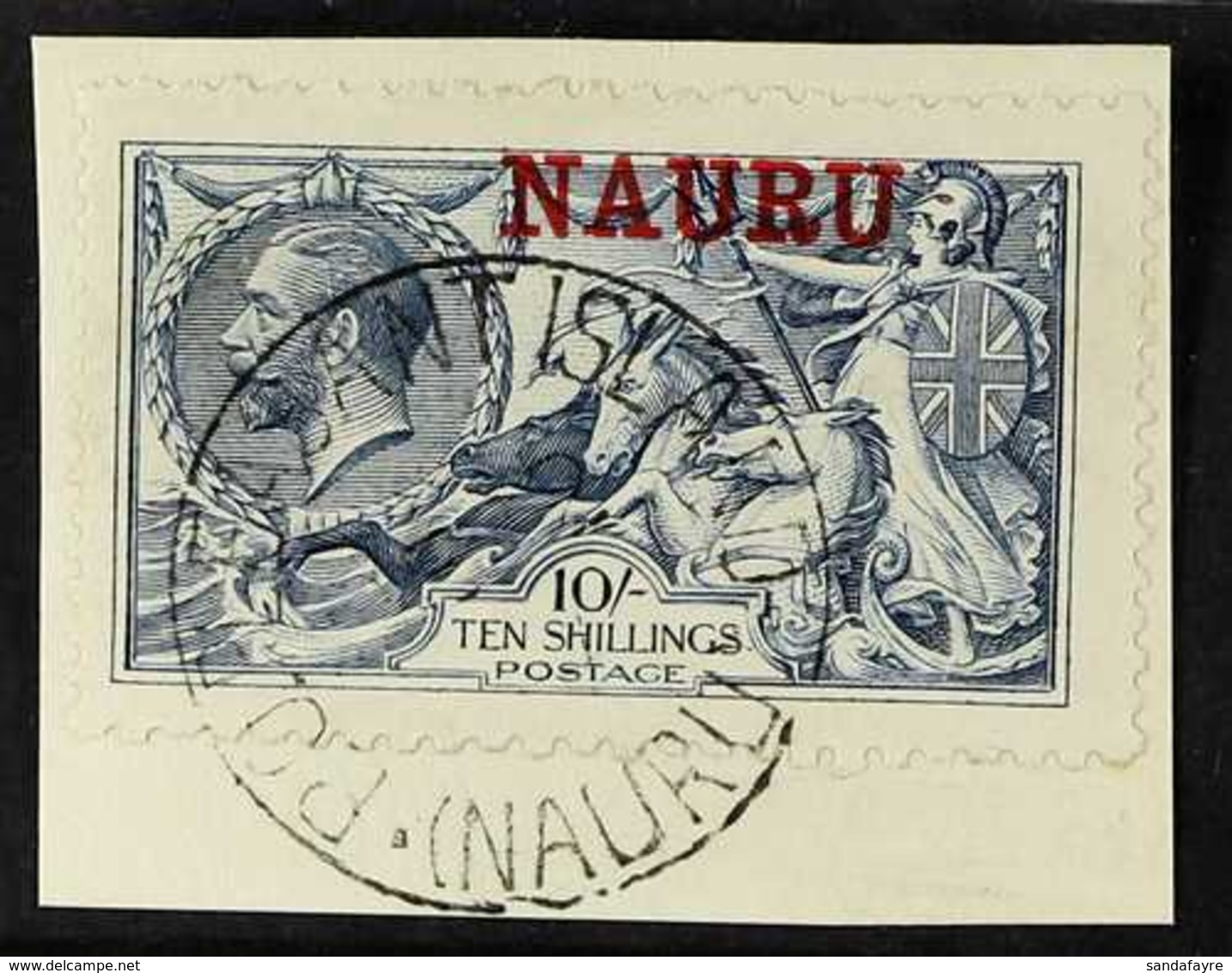 1916 - 23 10s Pale Blue, DLR Seahorse, SG 23, Superb Used On Piece With Central PO Pleasant Island Cds Cancel. For More  - Nauru