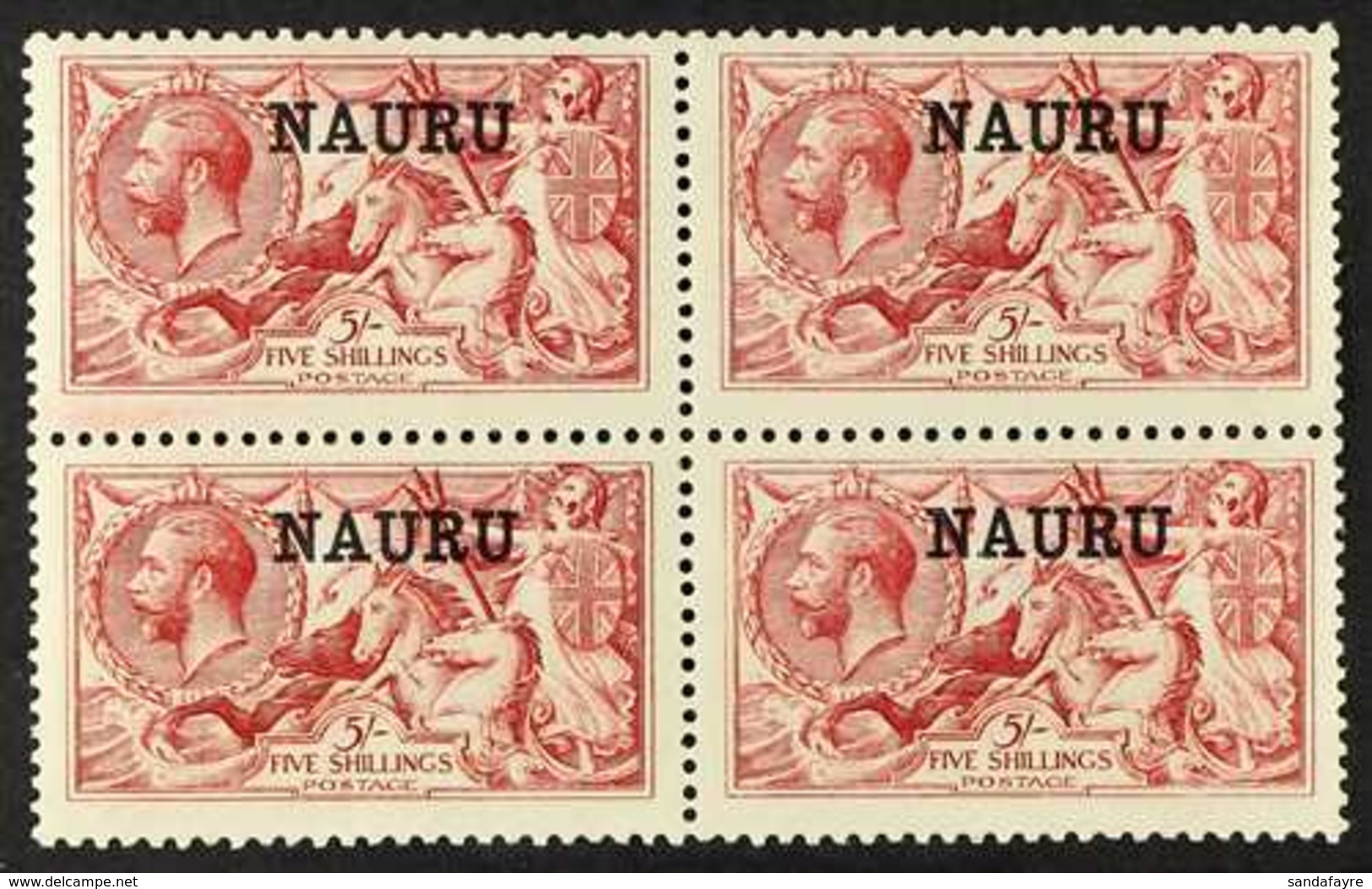 1916 - 23 5s Bright Carmine, DLR Seahorse, SG 22, Very Fine Mint Block Of 4 (2nh, 2og). Scarce. For More Images, Please  - Nauru