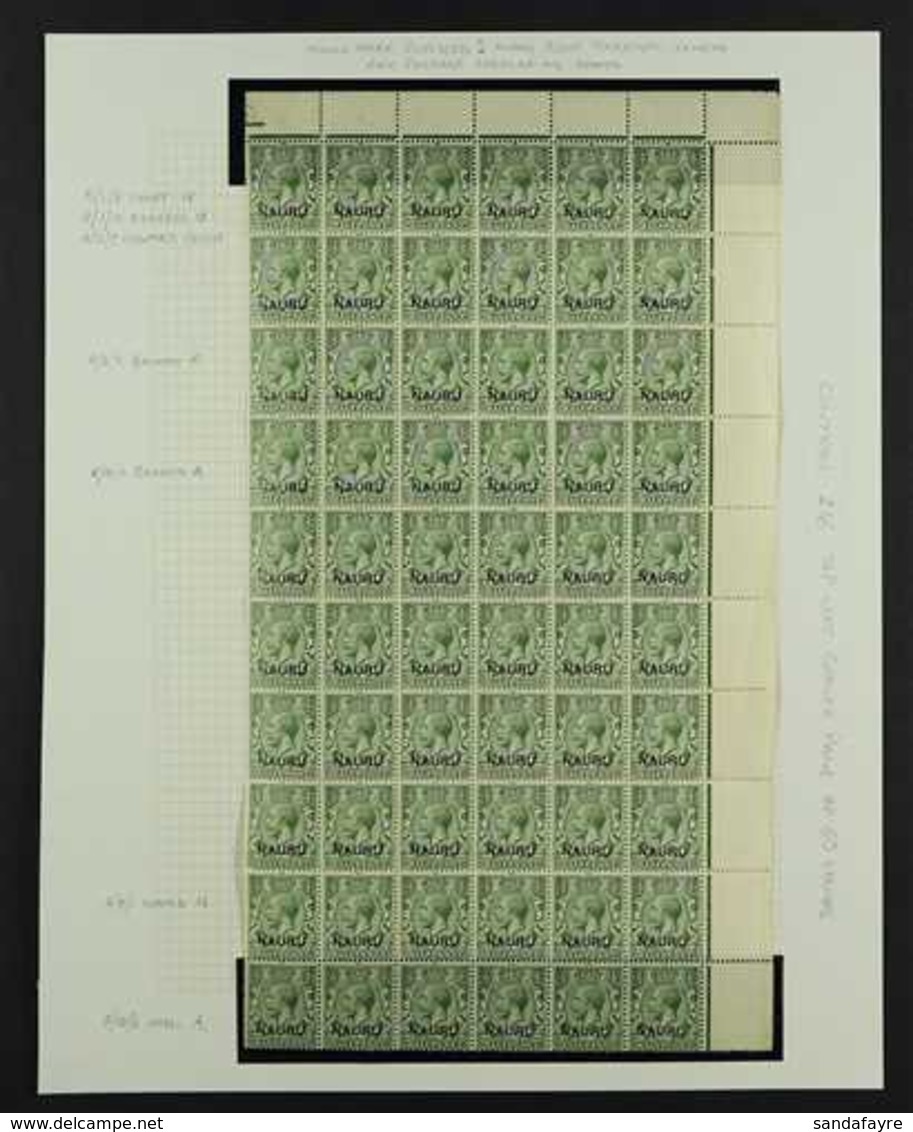 1916 ½d Green, Overprinted "Nauru", SG 1, Top Left Corner Pane Of 60 Showing Most Of The Minor Varieties Including "Shor - Nauru