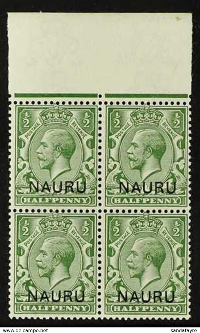 1916 ½d Yellow Green, Top Marginal Block Of 4, Variety "double Ovpt, One Albino", SG 1b, Superb Never Hinged Mint. For M - Nauru