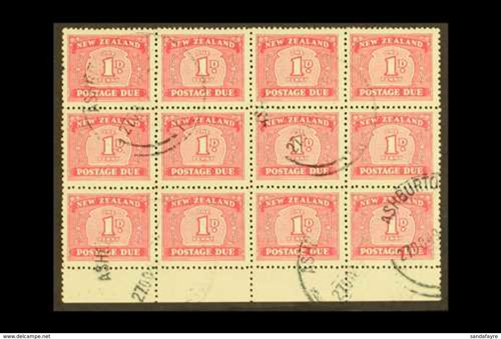 POSTAGE DUE 1949 (Multiple Wmk) 1d Carmine, SG D45, Lower Marginal BLOCK OF TWELVE (4 X 3), Fine Used With "ASHBURTON /  - Other & Unclassified