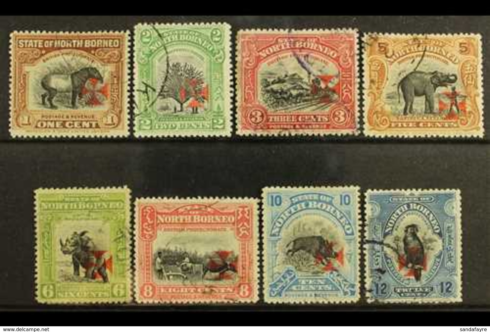 1916 Red Cross Overprints In Carmine Set To 12c (no 4c Carmine), SG 202/209 (no 204a), Very Fine Used. (8 Stamps) For Mo - North Borneo (...-1963)