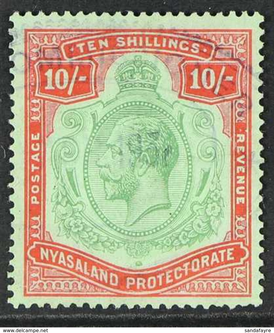 1921-33 VARIETY. KGV 10s Green & Red/pale Emerald, Variety "Nick In Top Right Scroll", SG 113c, Fine Used With Very Ligh - Nyasaland (1907-1953)