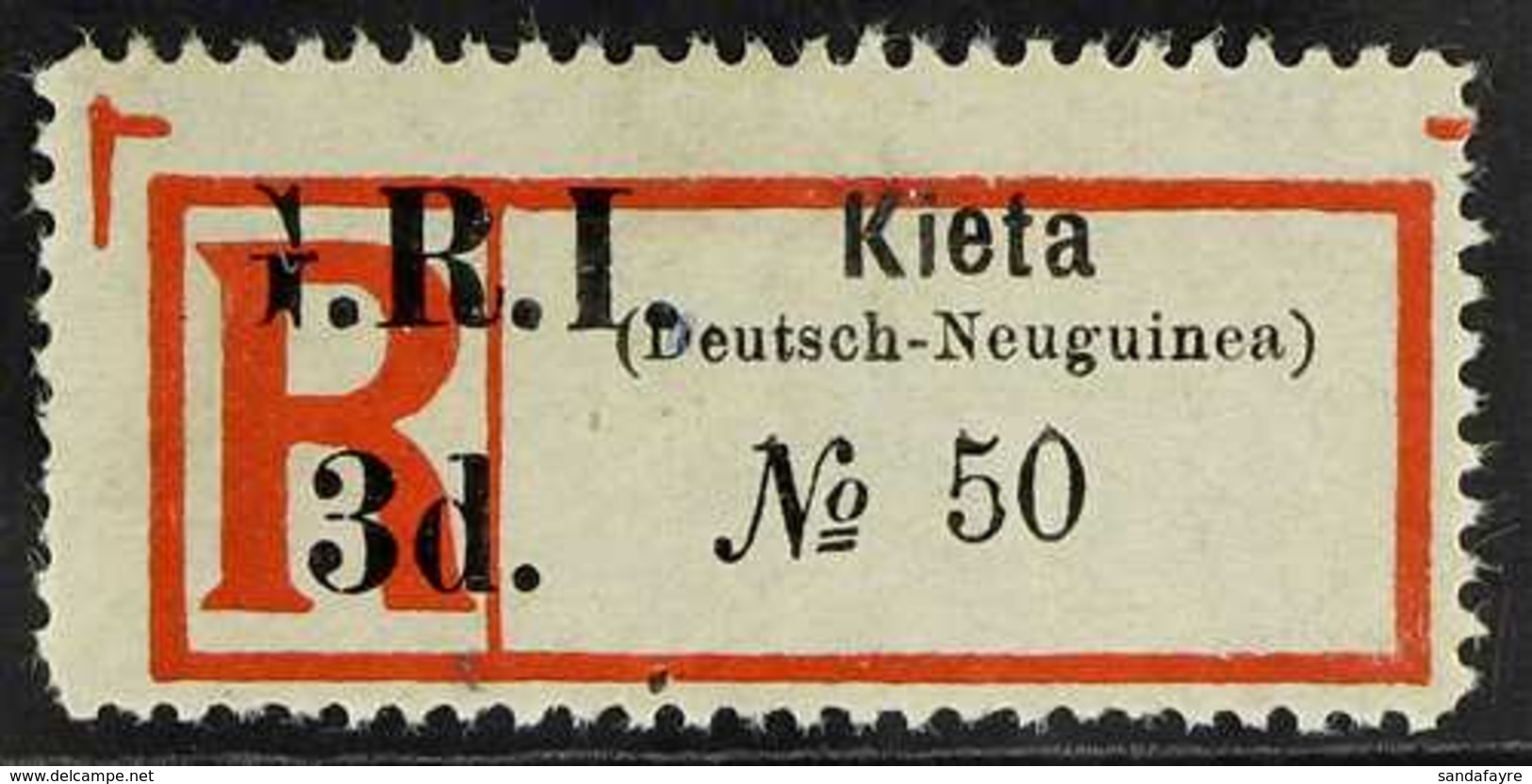 1915 3d On Kieta Registration Label Provisional Issue With "G" PARTIALLY OMITTED, SG 38 Variety, Very Fine Unused. Rare. - Papua New Guinea